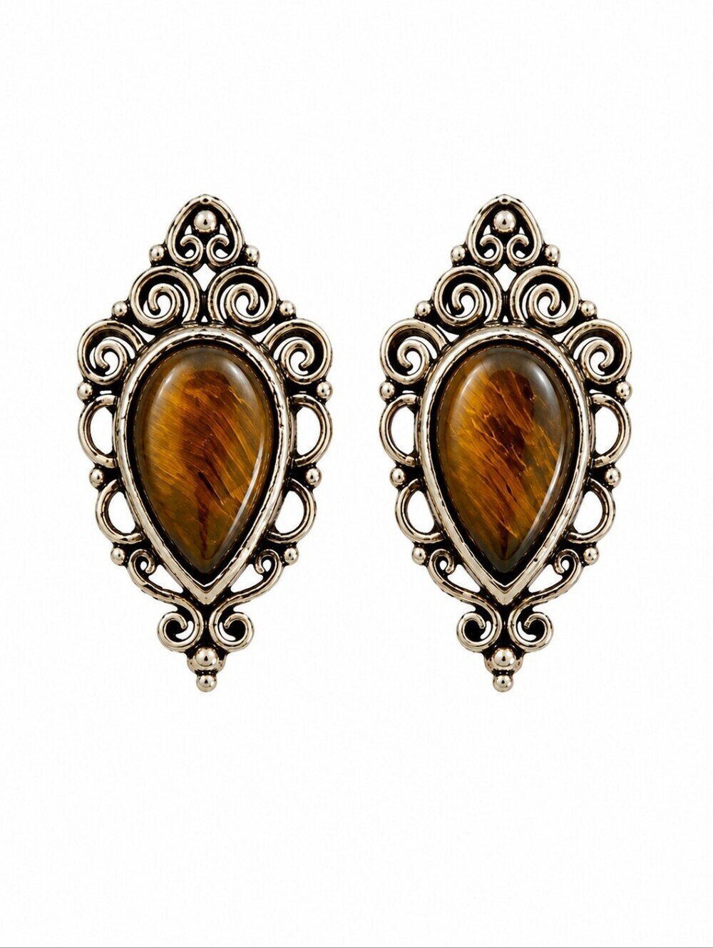 VTG Brown Tiger's Eye Filigree Victorian Castlecore Post Earrings